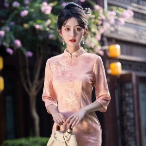 New Chinese Style Improved Autumn Pink Young Girl Cute Youth-Looking Long Cheongsam Dress