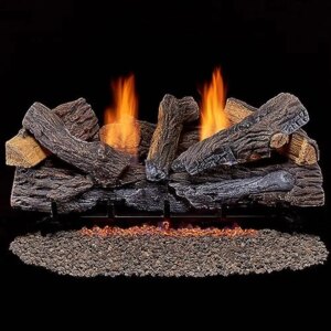30″ Dual Fuel Ventless Fireplace Logs Set with Remote Control Natural Gas/Liquid Propane 33000 BTU Stacked Red Efficient &
