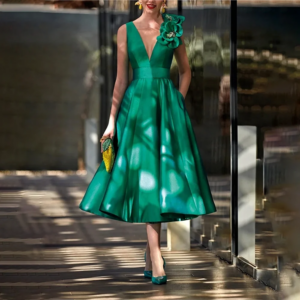 New Cocktail Dresses for Women Satin V-Neck Sleeveless with Flowers Tea-Length De Graduación Elegantes Para Mujer Vestidos 2023