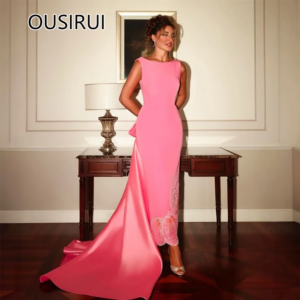 Fashion O-neck Satin Solid Evening Arab Dress Sexy Mermaid Open Back Long Lace Bridal Evening Gown with Bow Custom Made