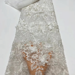 2025 High Quality White Beaded Fabric 3D Flower Lace Fabric for African Wedding Women’s Evening Dress