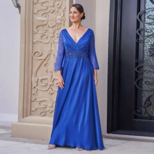 Dark Royal Blue  Chiffon V Neck Floor Length  Mother Of The Bride Dresses For Weddings Square Collar  Formal Party Evening Dress