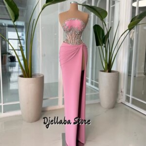 Elegant Saudi Arabia Pink Satin Mermaid Prom Dresses 2025 Beaded Crystal Side Slit Evening Dresses Birthday Party Dress Customiz