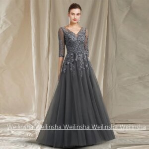 Vintage Mother of The Bride Dress Customized V Neck 3/4 Sleeves Applique Tulle A Line Wedding Guest Gown Evening Dresses
