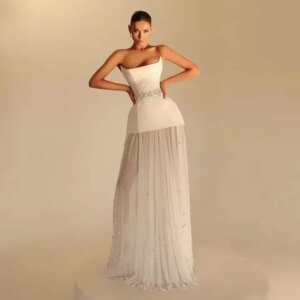 Popular See Thro Prom Maxi Dress Pleated Organza Puff Long Sleeves Illusion Pleats Formal Party Dresse