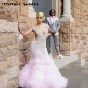 EVLAST Customized Shiny Pink Ruffles Prom Dress BlackGirl 2025 Rhinestone Crystal Beaded Formal Party Gala Evening Gowns E3P259