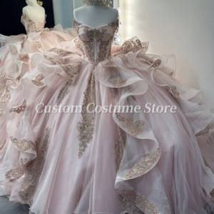 Customized Day Sweetheart Light Pink Princess Strapless Corset Prom Dresses Quinceanera Dress 15 Birthday Party Dresses