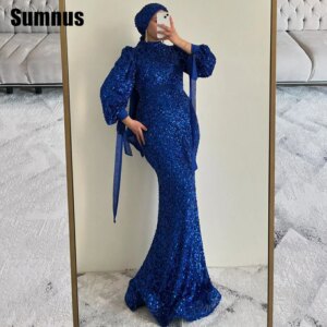 Sumnus Elegant Mermaid Evening Dress Royal Blue Sequin Floor-Length Long Sleeves Celebrity Formal Gowns فساتين سهرة Customized