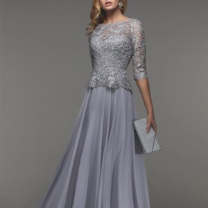 Mother Of The Bride Dress 3/4 Sleeve Round Neck Lace Chiffon A-line Long Dress Wedding Ceremony Party Formal Occasion Dress