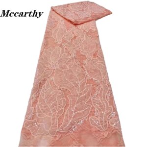 Latest African Beads Lace Fabric 2024 High Quality Nigerian Sequins Beads Lace Fabric French Laces Fabrics For Party Dress Sew