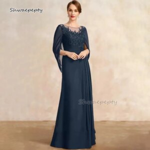 Elegant Dark Navy Mother Of The Bride Groom Dresses A-Line Cape Formal Party Gowns Lace Appliques Customized Wedding Guest Dress