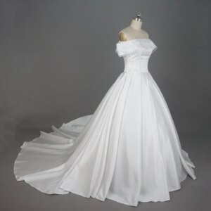 Off Shoulder Ball Gown Satin Wedding Dress with Lace Pearl Decorated Bridal Gown