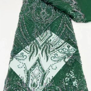 Green African Heavy Beaded Lace Fabric 2024 High Quality Nigerian Sequin Lace French Tulle Fabric For Wedding Party Dress