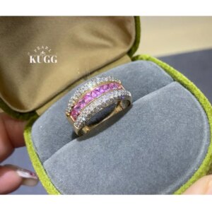 KUGG 100% 18K Yellow Gold Rings Luxury Elegant Style Shiny Diamond Natural Pink Color Sapphire Ring for Women Fine Jewelry