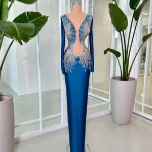 Blue Elegant Crystal Fringes Formal Occasion Dress Silver Beads Deep V Neck Long Sleeves Floor length Weds Reception Gown Prom