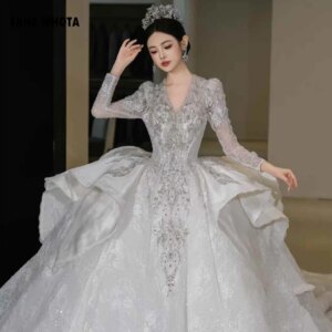 Dress Wedding V-Neck Long Sleeve Lace Up Keyhole Back Beading Embroidery Sequined Luxury Wedding Dress Customized