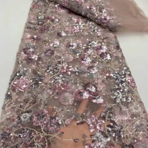 Luxury African Beads Lace Fabric 2025 High Quality Nigerian Sequins Beads Lace Fabric French Laces Fabrics For Party Dress Sew