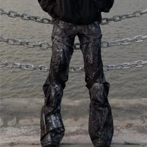 Niche Dark Avant-Garde Brush Wax Paint Distressed Pleated Ribbon Flared Nylon Trousers Men’s Pants