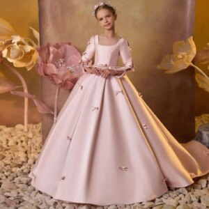Jill Wish Luxury Pink Satin Girl Dresses Square Collar Long Sleeve for Kids Wedding Birthday Holiday Party Gown 2024 J137