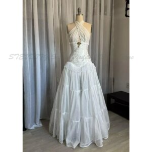 White Wedding Dresses Women Halter Lace Sleeveless A Line Alliques High Quality Floor Length Flower Fit Formal Occasion Gowns