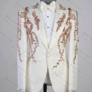 Crystals White Men Suit Pant Set 2 Pcs Blazer+Trousers Formal Office Jacket Groom Prom Dress Wedding Tuxedos Customized Coat