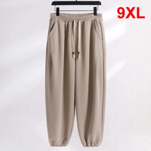 Solid Color Sweatpants Men Jogger Pants Autumn Winter Fleece Male Plus Size 8XL 9XL Elastic Waist Trousers Black