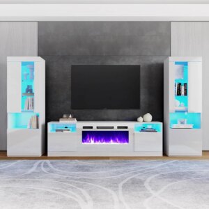 Modern Highgloss Fireplace Entertainment Center Set,Includes 80″ Fireplace TV Stand &2 LED Highlight Bookcases,for TVs up to 90″