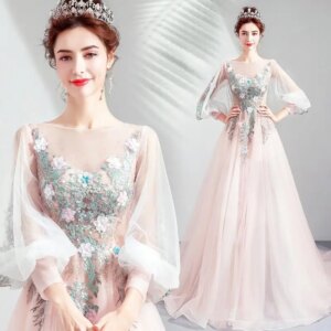 Pink Long Sleeve Evening Dresses Appliques Simple Floor-Length Vestidos Formal Beaded Sequines Prom Gowns