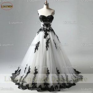 Modern Style White Tulle Black Lace Applique A Line Strapless Prom Formal Wedding Dresses Evening Lace Up Back Custom A4-12.3