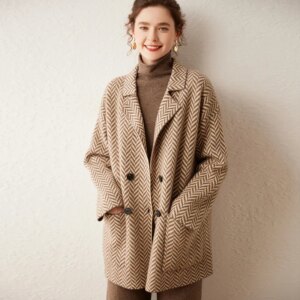 High Quality British Style Pure Knitted Collar Coat Striped Mid-Length Autumn and Winter Thickened Warm Cardigan