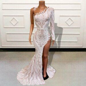 Sparkly Sequin Lace Long Mermaid Evening Dresses Sexy Single Full Sleeve High Side Slit Formal Prom Gowns Black Girls Customized