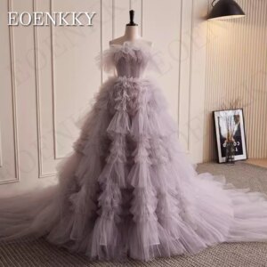 Luxury Strapless Tiered Prom Dress Saudi Arabia Tulle A Line Sleeveless Formal Evening Party Dresses Backless Women فساتين سهرة