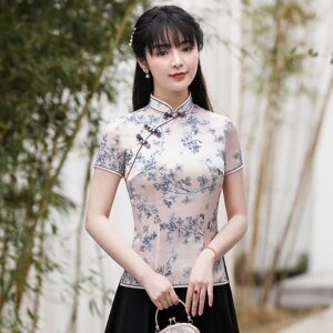 Spring Summer Ethnic Style High Quality Real Silk Short Sleeve Improved Cheongsam Qipao Women’s Dress Top