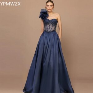 Customized Evening Dress Women Party Occasion Prom Gown YPMWZX One Shoulder A-line Floor Length Skirts Draped Bead Applique Besp