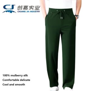 Men’s Mulberry Silk Spring and Summer Long Pants, Black Lace-up Straight Pants, Outdoor Casual, Comfortable, Cool, Breathable