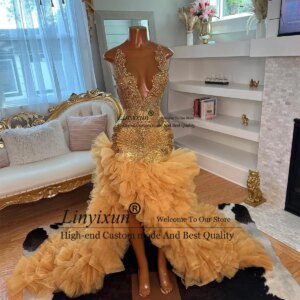 Sparkly Gold Diamonds Mermaid Prom Dress Glitter Rhinestones Beads Ruffles Birthday Party Dress Customized Sexy Evening Gowns