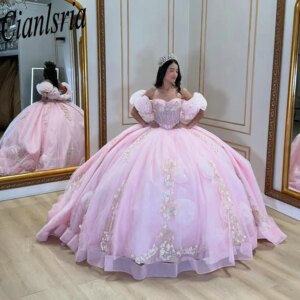 Pink 3D Flowers Appliques Lace Quinceanera Dresses Ball Gown Off The Shoulder Corset Vestidos De XV Anos