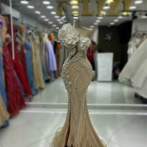 Luxury Champagne Heavy 3D Flower Modelling Evening Dresses Woman Elegant Beaded Crystal Mermaid vestido de noche Wedding Party