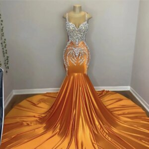 Orange Prom Dresses Luxury Long for Black Girl Mermaid Beaded Rhinestones Diamond Formal Evening Gala Gown Graduation Dress