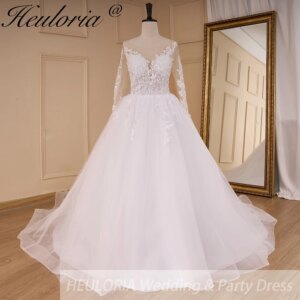 HEULORIA Princess Wedding Dress long sleeve V neck bride dress plus size robe de mariee Lace beading bridal Gown court train