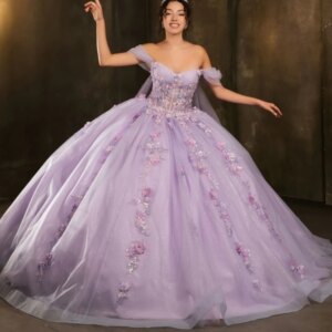 Lilac Princess Quinceanera Dresses Off Shoulder Applique Flower Beading Crystal Tull Sweet 16 Dress Ball Gown Vestidos 15 Anos