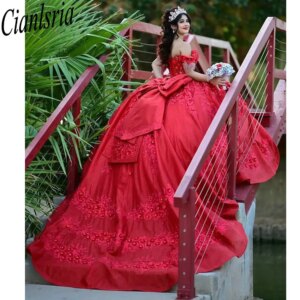 Red Off The Shoulder Quinceanera Dresses Ball Gown 3D Floral Lace Bow Customized Corset Vestidos De XV Anos