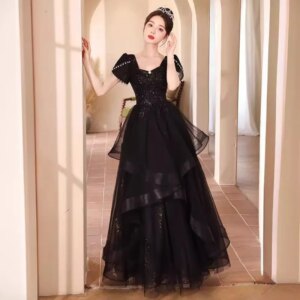 Black Evening Dress 2025 New Fashion Square Neck Sequined Fluffy Skirt Short Sleeve Pearl Formal Dress Women Elegant Party Dress