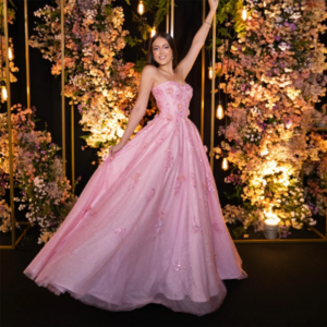 Customized Pink A-Line Prom Dresses Floor-length Strapless Sleeveless Evening Gown Fashion Flowers Sequined Backless Party Gown