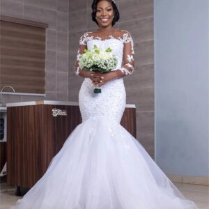 Elegant Appliques Tulle O-neck Pearl Beading Mermaid Wedding Dresses For Women 2025 Sweep Train Bridal Gown Vestidos De Noiva