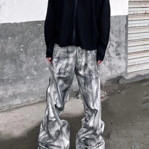 White Sketch Distressed Dirty Dyed Loose Zip Casual Straight-Leg Flared Stacked Washed Jeans