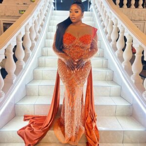 Sequined Beaded Evening Party Second Engagement Birthday Gowns Dress Full Sleeves African Orange Mermaid Prom Dresses