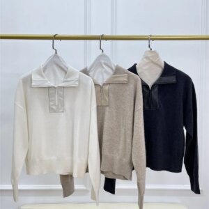 Women’s Beaded Leather Stitching Lapel Pullover Sweater Half Zip Knitted Casual Top
