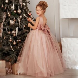 Custom Dusty Pink Pearls Belt With Bow For Wedding Birthday Banquet Prom Ball Holy Communion Gowns Customized Flower Girls Dress