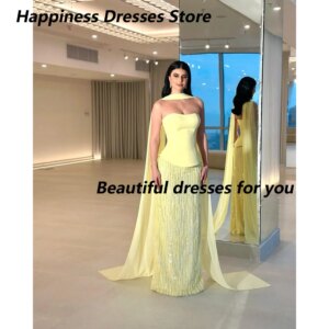 Yellow Evening Dress Luxury Strapless Sleeveless Beading Column Evening Gowns for Women Backless Wedding Guest Dress Customized